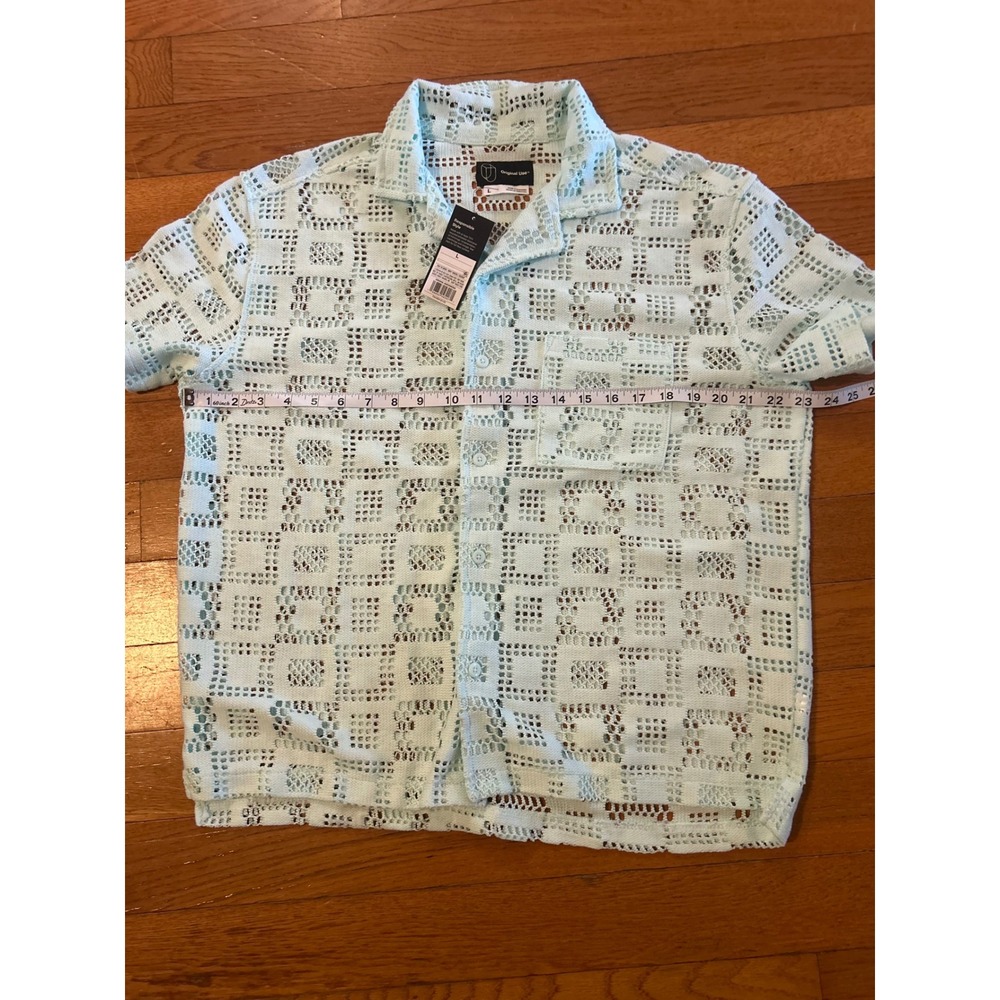 Original Use Mens Crochet Knit Button Down Shirt Mint Green Short Sleeve Large